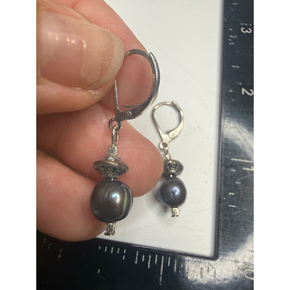 Sterling Silver Dark Grey Pearl Leverback Drop Earrings Bali Style Beadwork